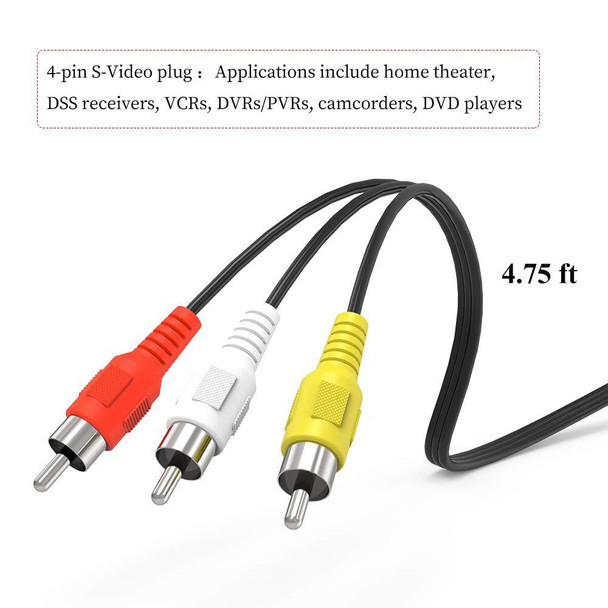 4 Pin S-Video to 3 RCA AV TV Male Cable Converter Adapter, Length: 1.5M(Black)