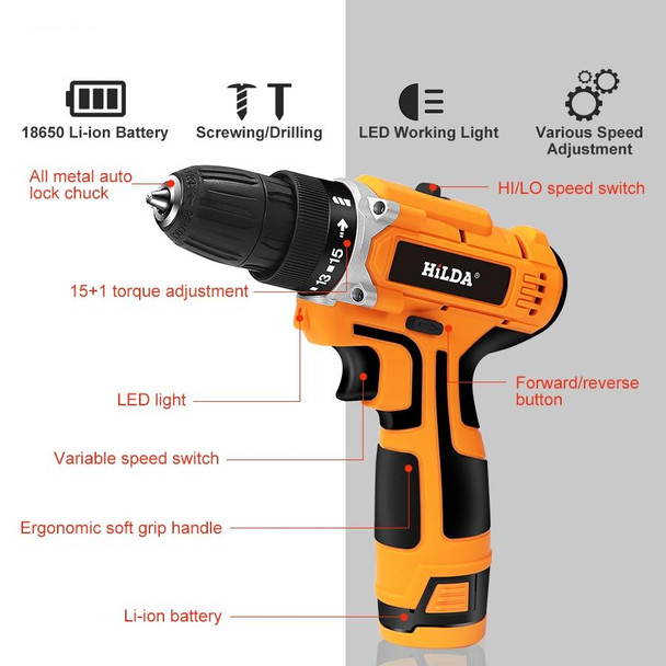 HILDA 16.8V Electric Drill with Lithium Battery Rechargeable 12V Two-Speed &#8203;&#8203;Electric Cordless Screwdriver(Orange)