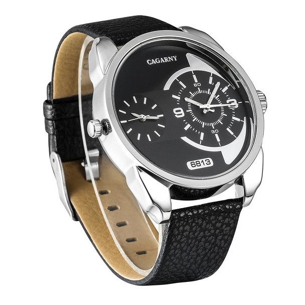 CAGARNY 6813 Fashionable  Dual Clock Quartz Business Wrist Watch with Leatherette Band for Men(White Case Black Band)