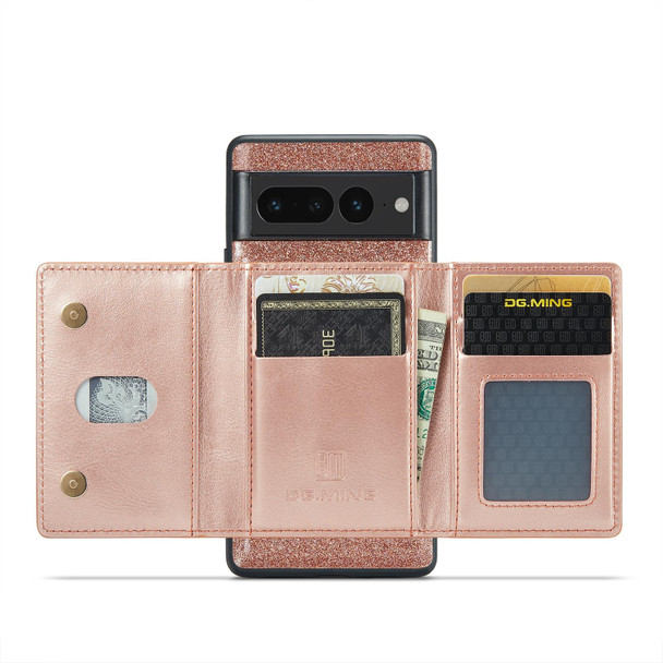 For Google Pixel 7 Pro DG.MING M3 Series Glitter Powder Card Bag Leatherette Case(Rose Gold)
