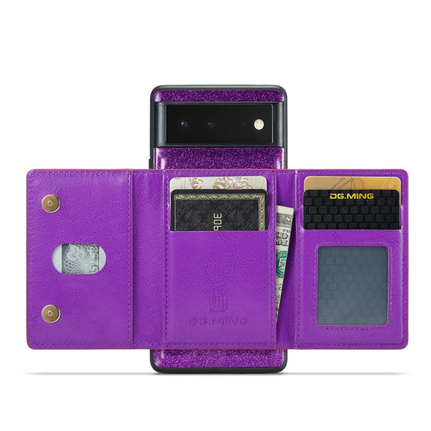 For Google Pixel 6a DG.MING M3 Series Glitter Powder Card Bag Leatherette Case(Dark Purple)
