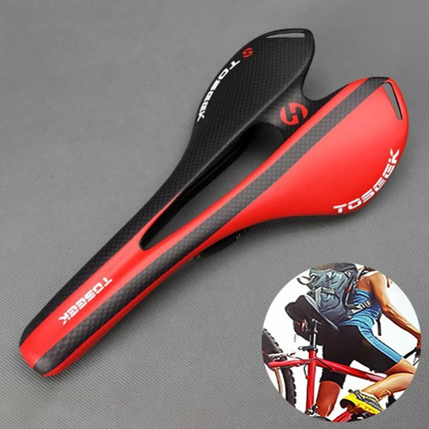 TOSEEK Road Bike Carbon Fiber Seat Bicycle Hollow Seat Saddle, 3K Texture + Extinction(Red)