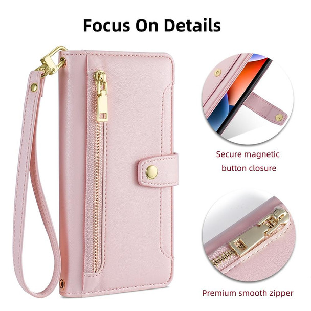 For iPhone 14 Sheep Texture Cross-body Zipper Wallet Leatherette Phone Case(Pink)