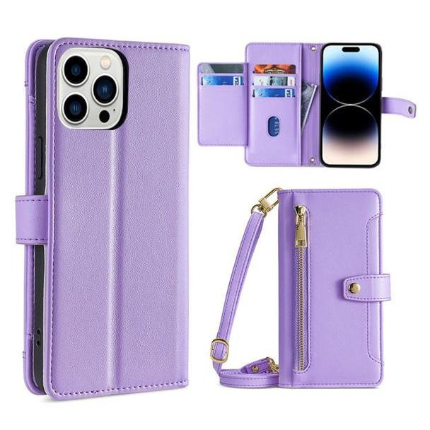 For iPhone 14 Pro Sheep Texture Cross-body Zipper Wallet Leatherette Phone Case(Purple)