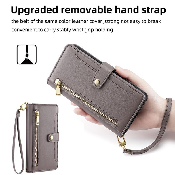 For iPhone 13 Pro Sheep Texture Cross-body Zipper Wallet Leatherette Phone Case(Grey)