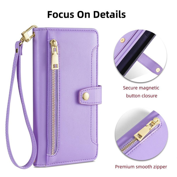 For iPhone 14 Pro Max Sheep Texture Cross-body Zipper Wallet Leatherette Phone Case(Purple)