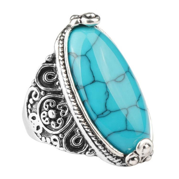 Fashion Vintage Oval Turquoise Flower Ring Women Antique Silver Jewelry, Ring Size:7(Blue)