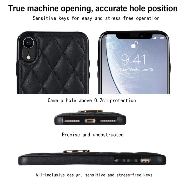 For iPhone XR Rhombic PU Leatherette Phone Case with Ring Holder(Black)