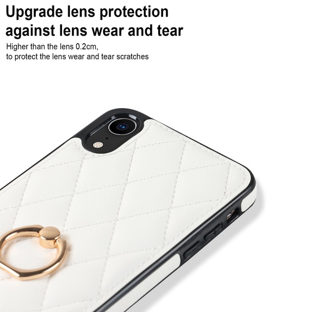 For iPhone XR Rhombic PU Leatherette Phone Case with Ring Holder(White)