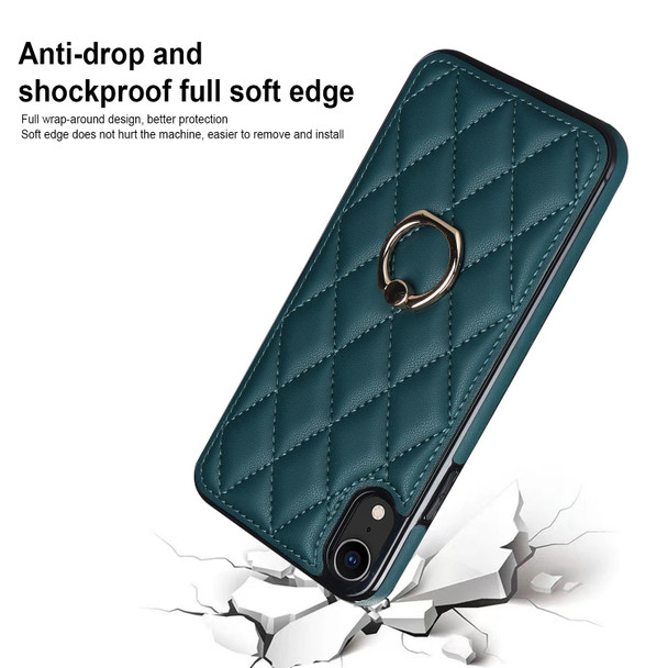 For iPhone XR Rhombic PU Leatherette Phone Case with Ring Holder(Green)