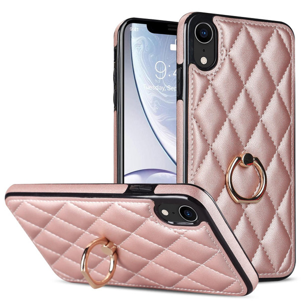 For iPhone XR Rhombic PU Leatherette Phone Case with Ring Holder(Rose Gold)