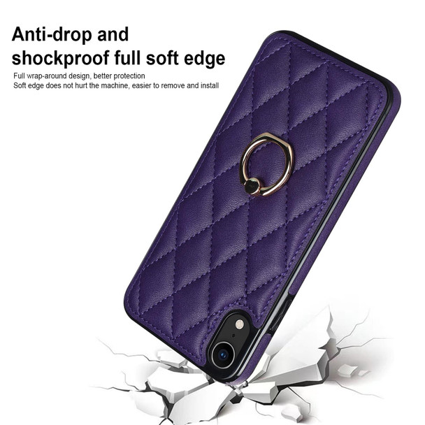 For iPhone XR Rhombic PU Leatherette Phone Case with Ring Holder(Purple)