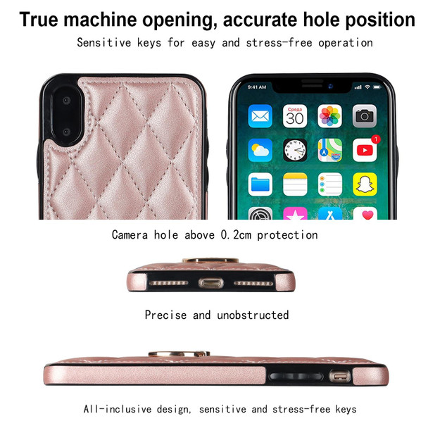 For iPhone XS Max Rhombic PU Leatherette Phone Case with Ring Holder(Rose Gold)