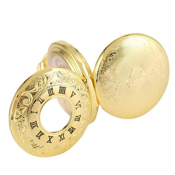 pm240 Classic Double Open Double Face Vintage Manual Mechanical Pocket Watch with Roman Lettering(Round Opening Gold Shell Gold Face)