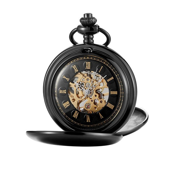 pm240 Classic Double Open Double Face Vintage Manual Mechanical Pocket Watch with Roman Lettering(Black Shell Black Face Gold Movement)