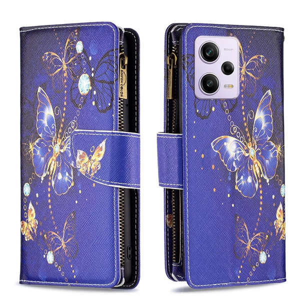 For Xiaomi Redmi Note 12 Pro+ Global Colored Drawing Pattern Zipper Leather Phone Case(Purple Butterfly)