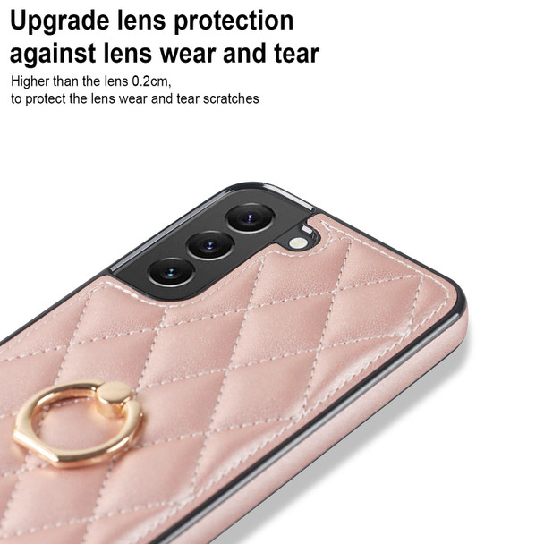 For Samsung Galaxy S22+ 5G Rhombic PU Leatherette Phone Case with Ring Holder(Rose Gold)