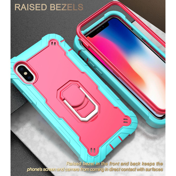 PC + Rubber 3-layers Shockproof Protective Case with Rotating Holder - iPhone XS / X(Mint Green + Rose Red)