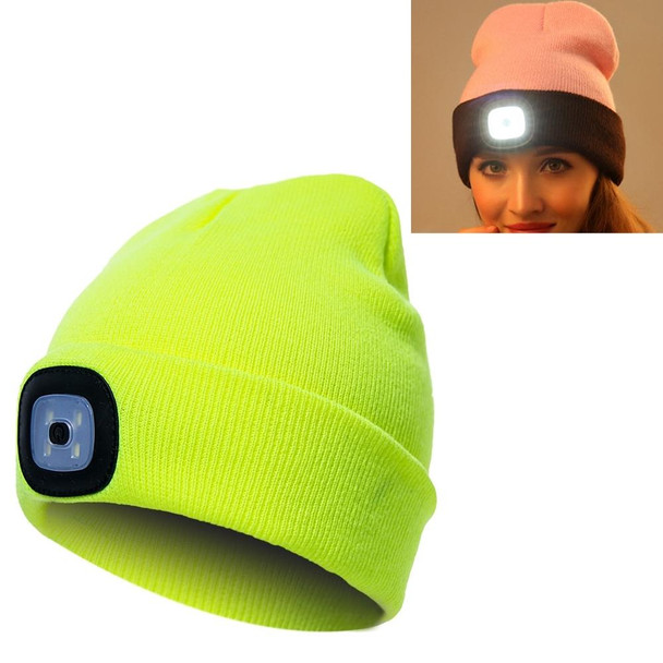 Unisex Warm Winter Polyacrylonitrile Knit Hat Adult Head Cap with 4 LED Lights, Button Battery (Yellow)