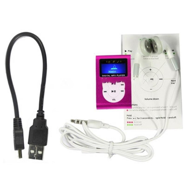 TF (Micro SD) Card Slot MP3 Player with LCD Screen, Metal Clip, Radio Function(Magenta)