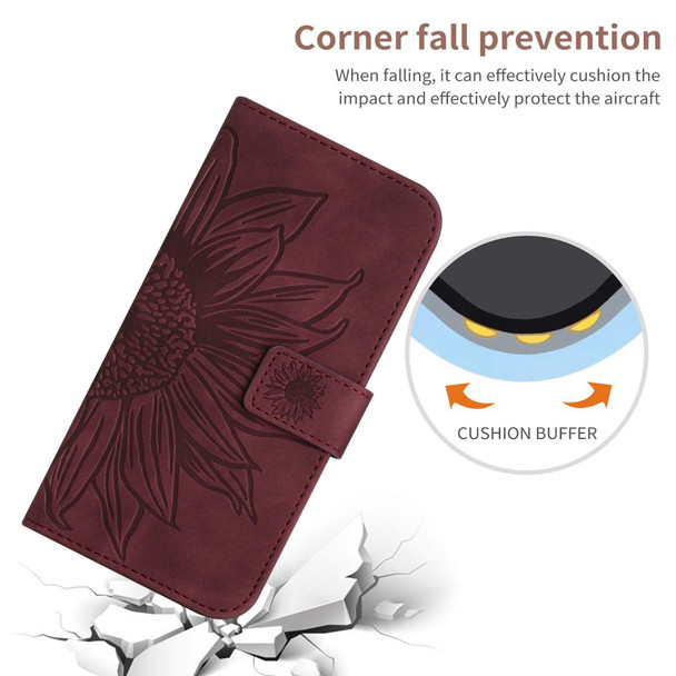 For OPPO A58 5G/A78 5G HT04 Skin Feel Sun Flower Embossed Flip Leatherette Phone Case with Lanyard(Wine Red)