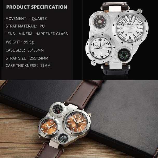 Oulm 9415 Double Time Zone Men Belt Watch Big Dial Compass Quartz Watch(Coffee)