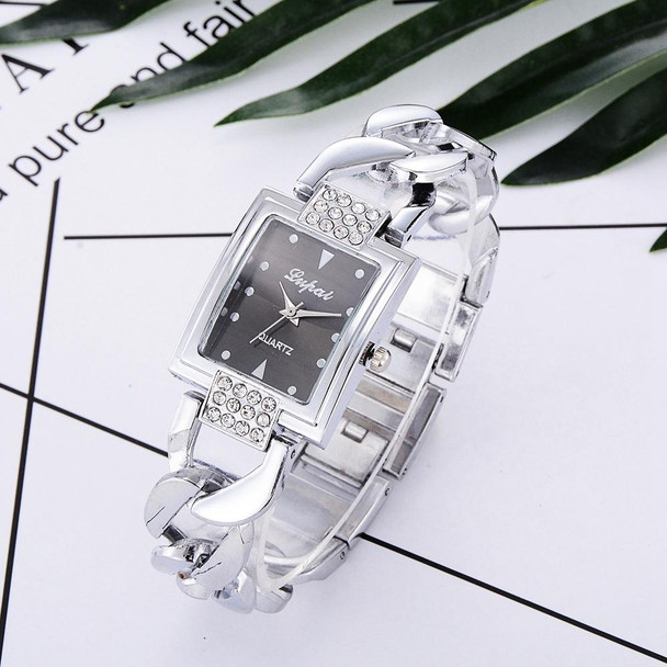 Square Dial Diamond Plated Hollow Alloy Bracelet Strap Quartz Watch for Women(Silver band black surface)