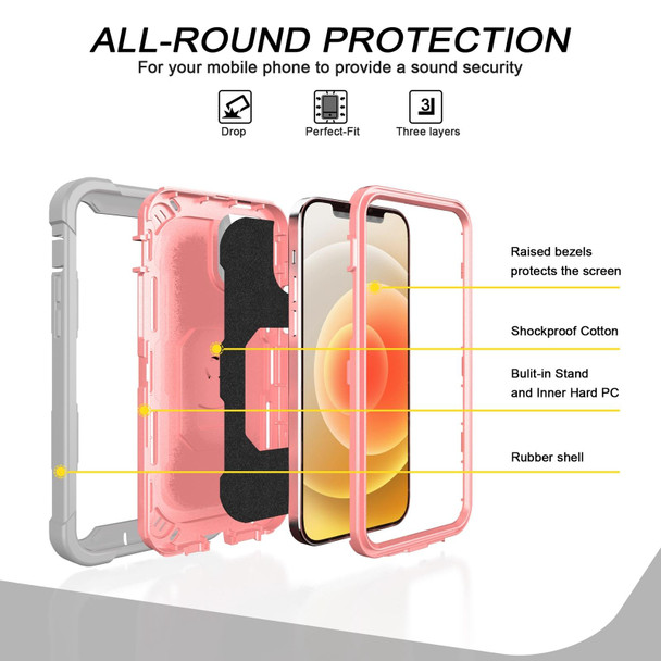 PC + Rubber 3-layers Shockproof Protective Case with Rotating Holder - iPhone 12 / 12 Pro(Grey White + Rose Gold)