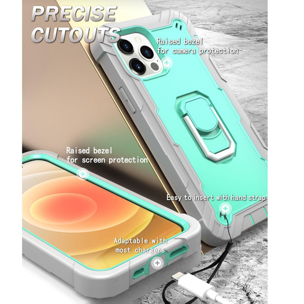 PC + Rubber 3-layers Shockproof Protective Case with Rotating Holder - iPhone 12 / 12 Pro(Grey White + Mint Green)