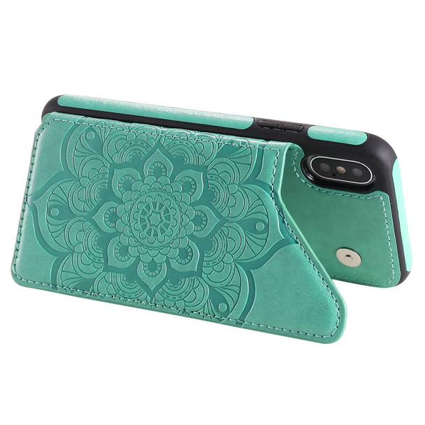 Flower Embossing Pattern Shockproof Protective Case with Holder & Card Slots & Photo Frame - iPhone XS / X(Green)