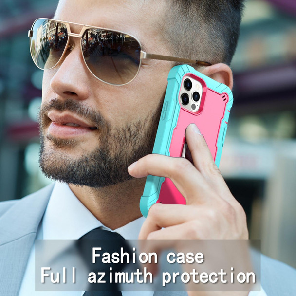 PC + Rubber 3-layers Shockproof Protective Case with Rotating Holder - iPhone 12 / 12 Pro(Mint Green + Rose Red)