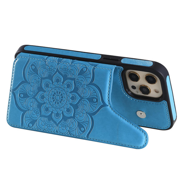 Flower Embossing Pattern Shockproof Protective Case with Holder & Card Slots & Photo Frame - iPhone 12 Pro Max(Blue)