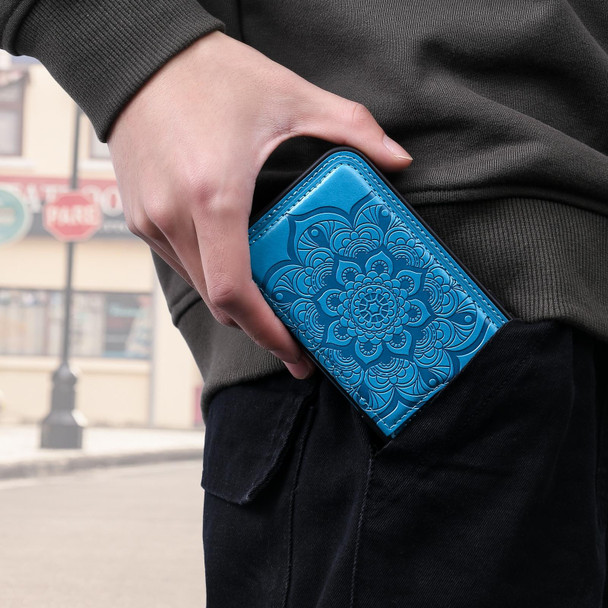 Flower Embossing Pattern Shockproof Protective Case with Holder & Card Slots & Photo Frame - iPhone 12 Pro Max(Blue)