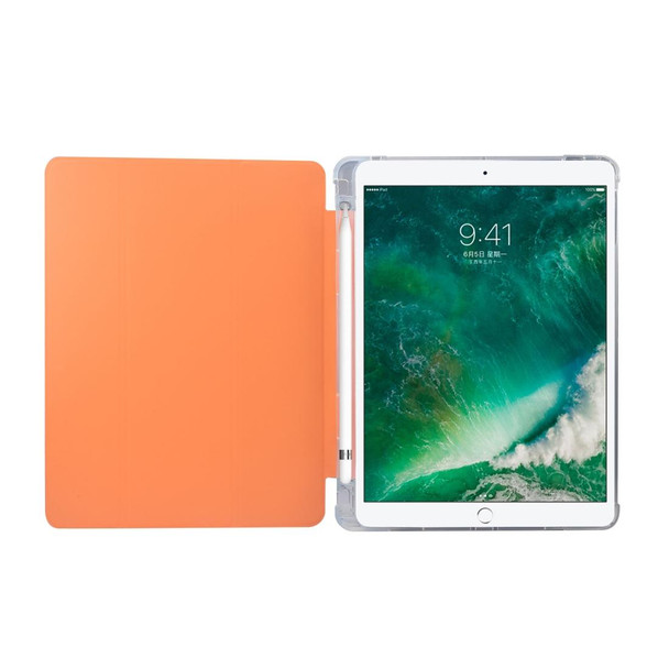 For iPad 9.7(2018)/(2017)/Air 2/Air 3-folding Electric Pressed Skin Texture Horizontal Flip Shockproof Transparent TPU + PU Leatherette Case with Holder & Pen Slot & Sleep / Wake-up Function(Orange)