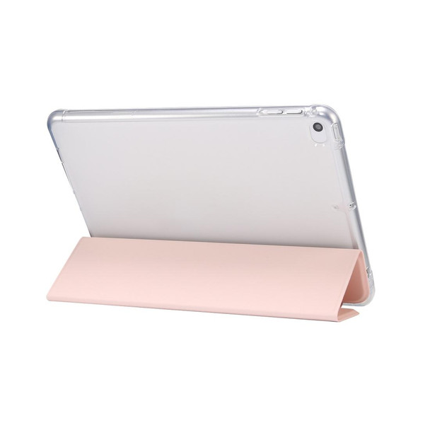 For iPad mini (2019) / mini 4 3-folding Electric Pressed Skin Texture Horizontal Flip Shockproof Transparent TPU + PU Leatherette Case with Holder & Pen Slot & Sleep / Wake-up Function(Light Pink)