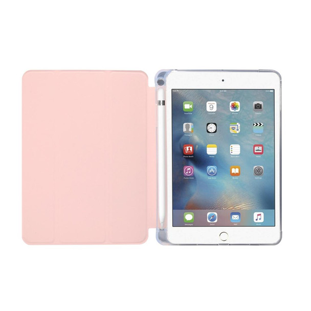 For iPad mini (2019) / mini 4 3-folding Electric Pressed Skin Texture Horizontal Flip Shockproof Transparent TPU + PU Leatherette Case with Holder & Pen Slot & Sleep / Wake-up Function(Light Pink)