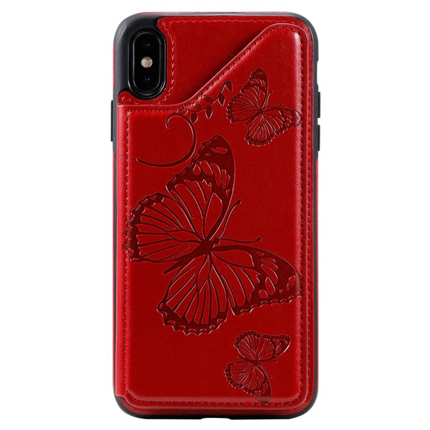 For iPhone XS Max Butterfly Embossing Pattern Shockproof Protective Case with Holder & Card Slots & Photo Frame(Red)