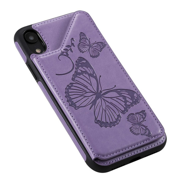 For iPhone XR Butterfly Embossing Pattern Shockproof Protective Case with Holder & Card Slots & Photo Frame(Purple)