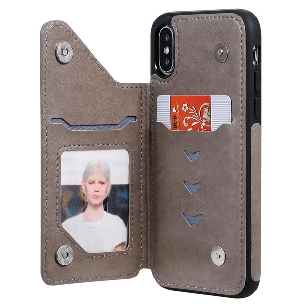For iPhone X & XS Butterfly Embossing Pattern Shockproof Protective Case with Holder & Card Slots & Photo Frame(Gray)