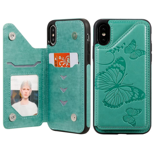 For iPhone X & XS Butterfly Embossing Pattern Shockproof Protective Case with Holder & Card Slots & Photo Frame(Green)