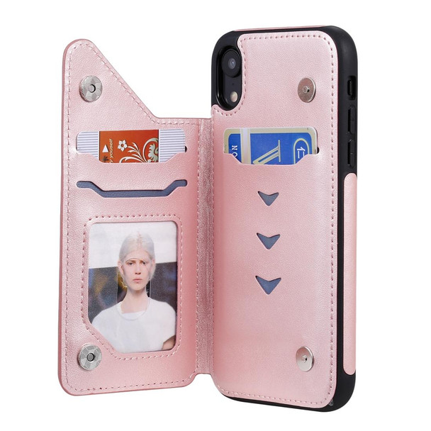 For iPhone XR Butterfly Embossing Pattern Shockproof Protective Case with Holder & Card Slots & Photo Frame(Rose Gold)