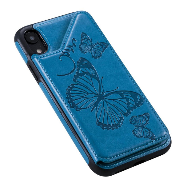 For iPhone XR Butterfly Embossing Pattern Shockproof Protective Case with Holder & Card Slots & Photo Frame(Blue)