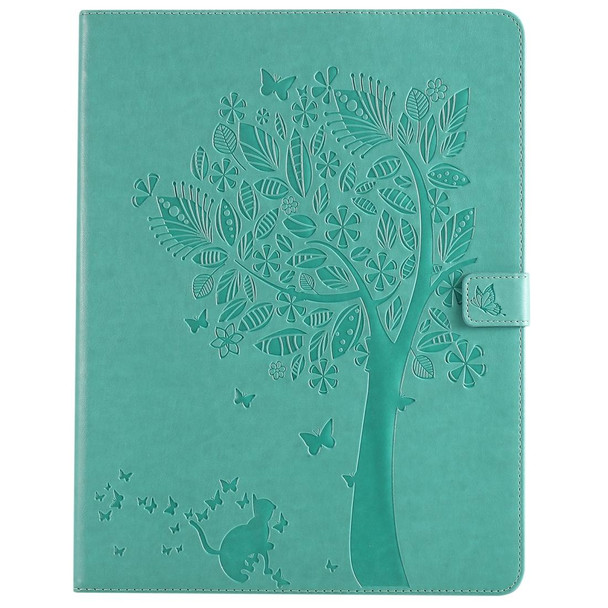 For iPad Pro 12.9 (2020) Pressed Printing Cat and Tree Pattern Horizontal Flip Leatherette Tablet Case with Holder & Card Slots & Wallet(Green)