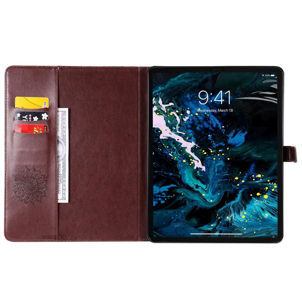 For iPad Pro 12.9 (2020)  & Pro 12.9 (2018) Pressed Printing Sunflower Pattern Horizontal Flip PU Leatherette Tablet Case with Holder & Card Slots & Wallet(Brown)