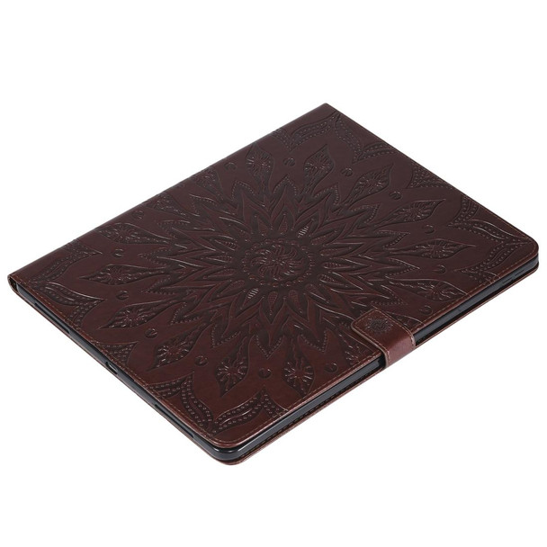 For iPad Pro 12.9 (2020)  & Pro 12.9 (2018) Pressed Printing Sunflower Pattern Horizontal Flip PU Leatherette Tablet Case with Holder & Card Slots & Wallet(Brown)