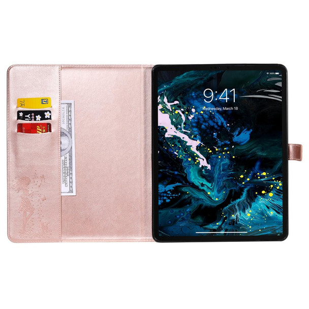 For iPad Pro 12.9 (2020) Pressed Printing Woman and Cat Pattern Horizontal Flip Leatherette Tablet Case with Holder & Card Slots & Wallet(Rose Gold)