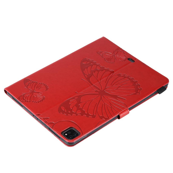 For iPad Pro 12.9 (2020) Pressed Printing Butterfly Pattern Horizontal Flip Leatherette Tablet Case with Holder & Card Slots & Wallet(Red)