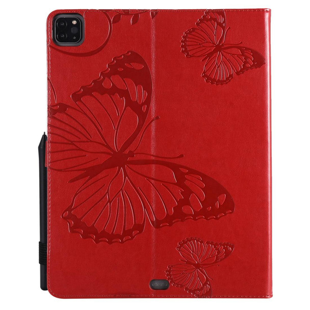 For iPad Pro 12.9 (2020) Pressed Printing Butterfly Pattern Horizontal Flip Leatherette Tablet Case with Holder & Card Slots & Wallet(Red)