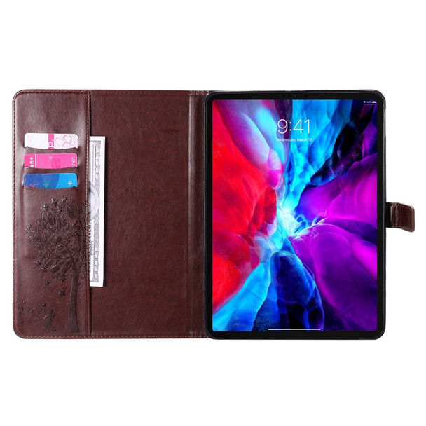 For iPad Pro 11 (2020) Pressed Printing Cat and Tree Pattern Horizontal Flip Leatherette Tablet Case with Holder & Card Slots & Wallet(Coffee)