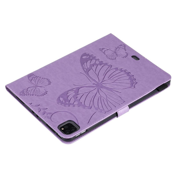 For iPad Pro 11 (2020) Pressed Printing Butterfly Pattern Horizontal Flip Leatherette Tablet Case with Holder & Card Slots & Wallet(Purple)